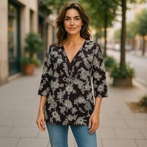 Investments Women’s Size Black Floral V‑Neck Top, 3/4 Sleeve, Size L A-0084